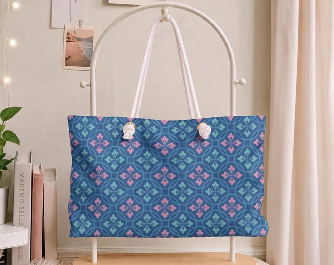 Seaside Blue Weekender Bag | Navy Pink Geometric Travel Tote