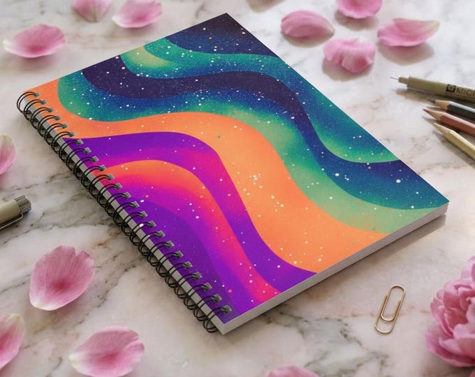 Retro Wavy Rainbow Galaxy Notebook | Spiral Ruled Journal