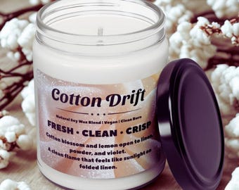 Cotton Drift Natural Soy Wax Candle Jar 9oz | Clean Linen Scent | Hand Poured | Vegan