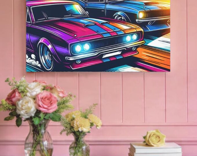 Retro Muscle Car Canvas Art: Garage & Man Cave Decor (30x15)