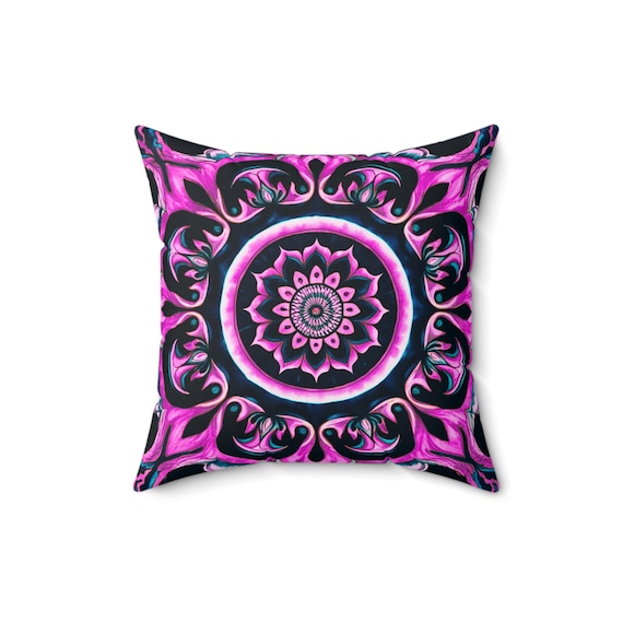 Fuchsia Flame Mandala Pillow: Boho Home Decor Accent Cushion