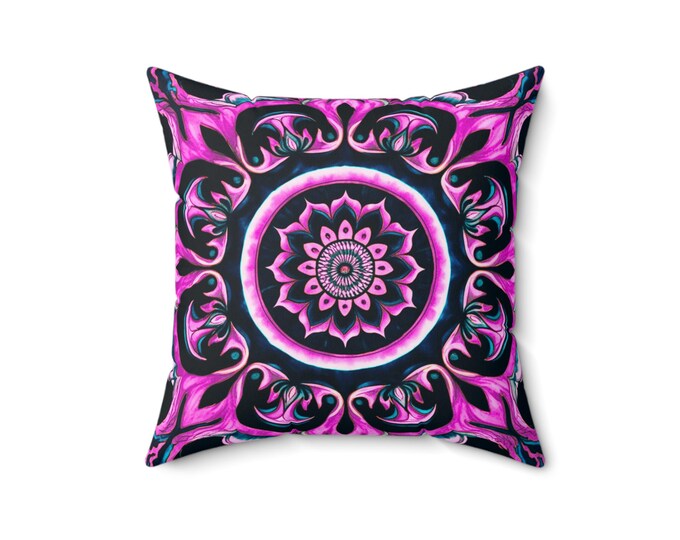Fuchsia Flame Mandala Pillow: Boho Home Decor Accent Cushion