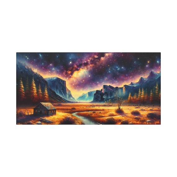 Cosmic Landscape Canvas Art: Embers in the Void, Starry Night Decor (30x15)