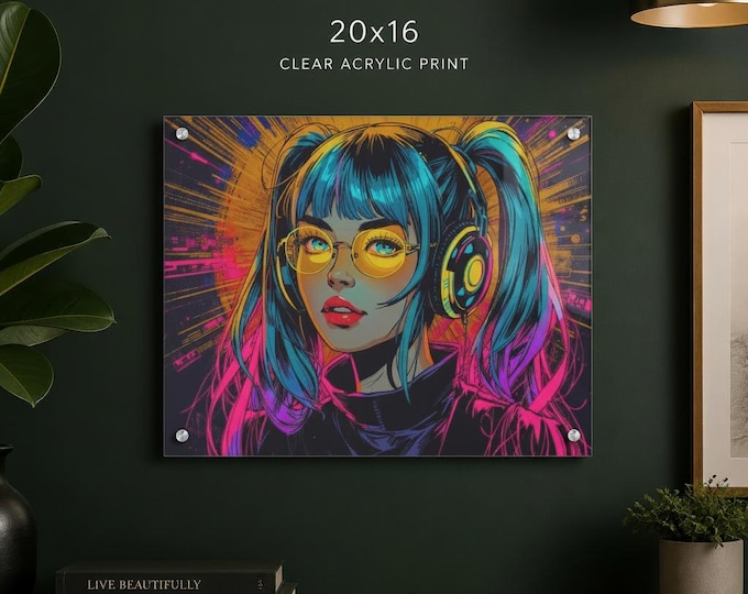 The Audio Alchemist Acrylic Print | Neon Anime Girl with French Cleat Hanging