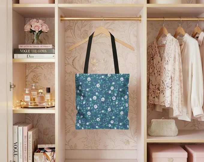 Cobalt Floral Tote Bag: Eco-Friendly Polyester Shopping Bag