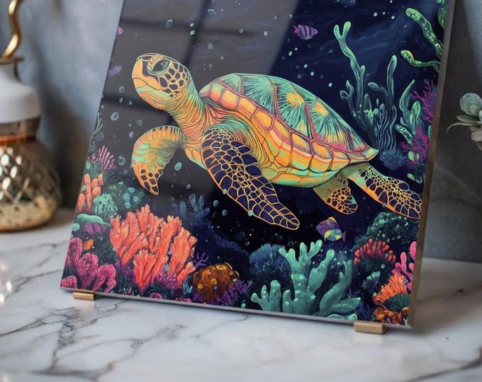 Colorful Sea Turtle Acrylic Print French Cleat Hanging | Ocean Coral Wall Art