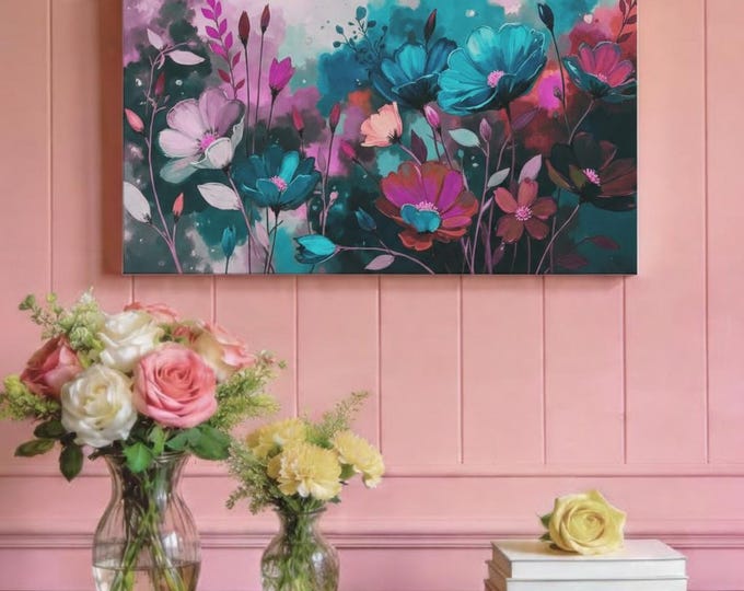 Floral Canvas Wall Art: Modern Botanical Decor, Red Accent Hues (30x15)