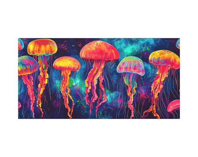 Electric Elegance Jellyfish Matte Canvas | Neon Aquatic Pop Art 30x15