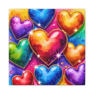 Colorful Hearts Canvas Wall Artwork, Vibrant Wall Decor for Home, Rainbow Hearts, Gift for Valentine&#39;s Day, Birthday, or LGBTQ Celebration