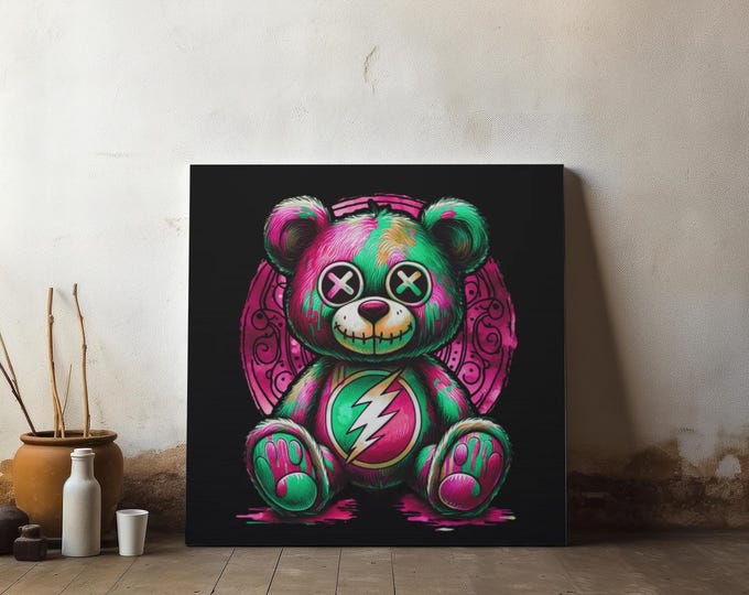 Pink Punk Teddy Bear Canvas Art: Quirky Colorful Plushie Portrait