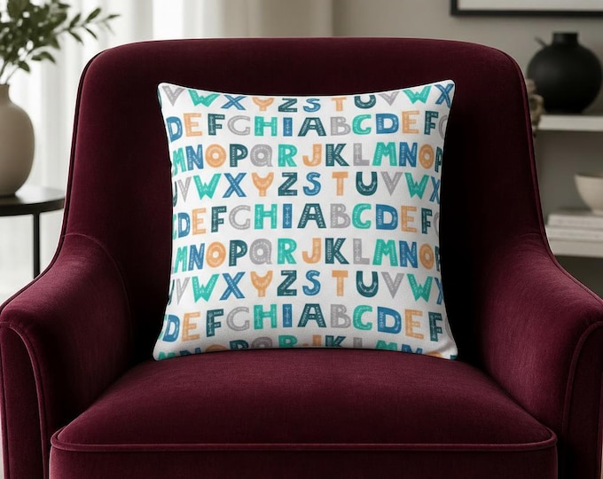 Alphabet Pattern Pillow | Teal Coral Gray ABC Square Throw Pillow