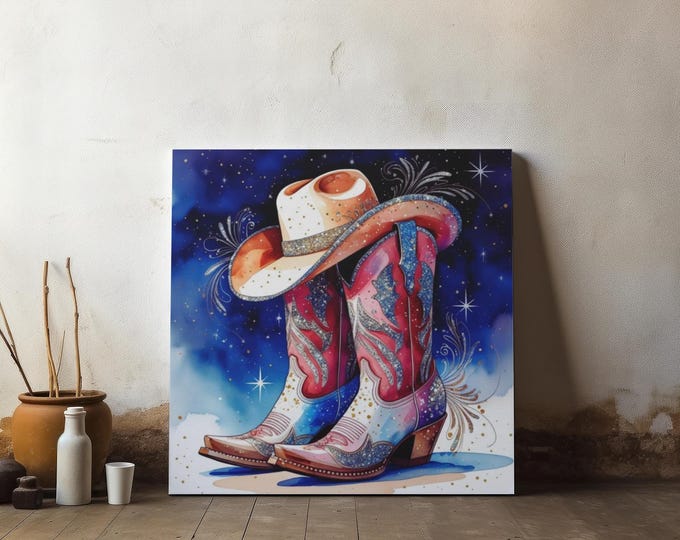 Country Cowgirl Boots Canvas Wall Art: Western Home Decor, 14x14