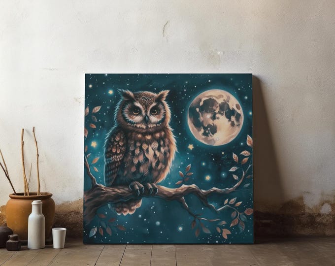 Whimsical Owl Canvas Art: Moonlit Night Scene, Nature Decor (14x14)