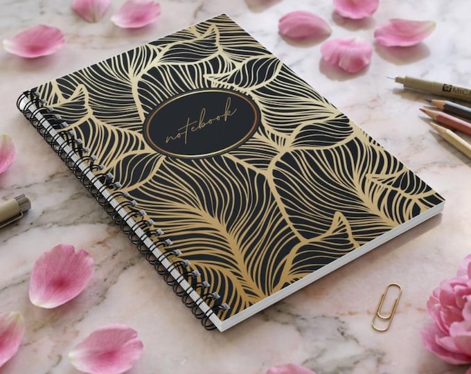 Gold Leaf Pattern Notebook spiral ruled journal | black and gold stationery