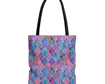 Watercolor Diamond Harlequin Tote Bag | Purple Blue Pink Geometric