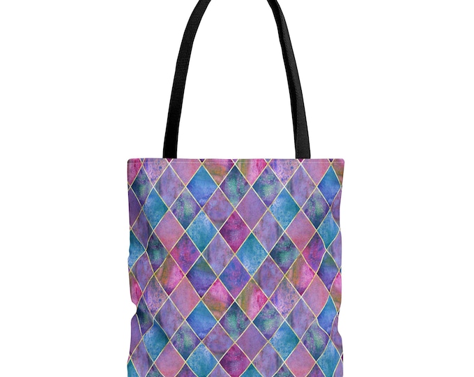 Watercolor Diamond Harlequin Tote Bag | Purple Blue Pink Geometric