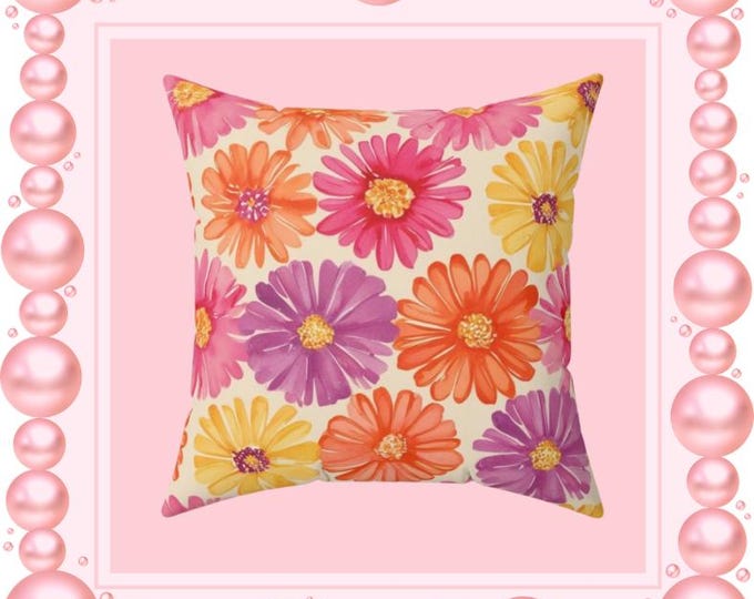 Tangerine Carnelian Floral Pillow: Colorful Flower Cushion, Spring Decor