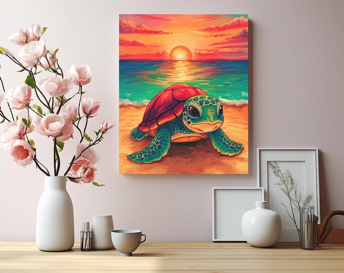 Sea Turtle Sunset Canvas Art: Ocean Beach Home Decor (16x20)