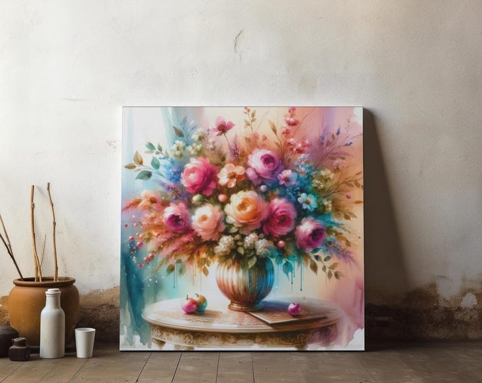 Floral Canvas Wall Art: Botanical Watercolor Home Decor (14x14in Canvas Artwork)