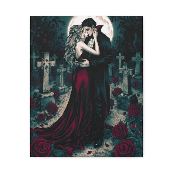 Gothic Vampire Couple Canvas Art: Romantic Dark Fantasy Wall Decor