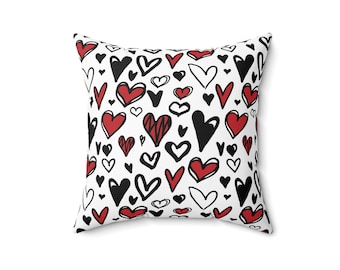 Hand-Drawn Hearts Square Pillow | Valentine Pattern, Red & Black Hearts