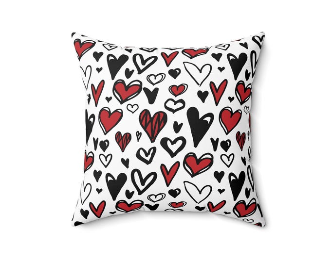 Hand-Drawn Hearts Square Pillow | Valentine Pattern, Red & Black Hearts