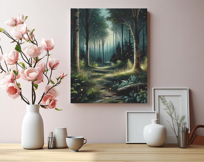 Flickering Wildwood Forest Matte Canvas, Serene Oil Painting Illustration Forest Landscape