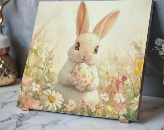Easter Bunny Acrylic Print | Floral Meadow, Painted Egg (20x16in Wall Art)