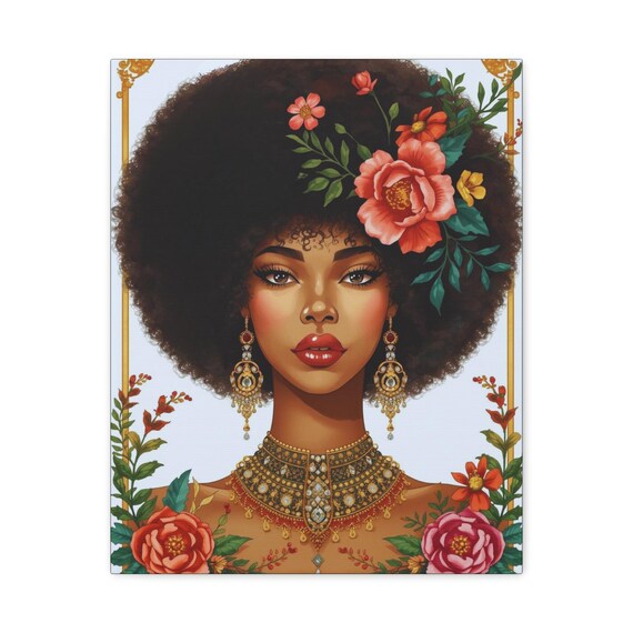 Empowering Ebony Essence Canvas Art: Floral Black History Wall Decor (16x20)