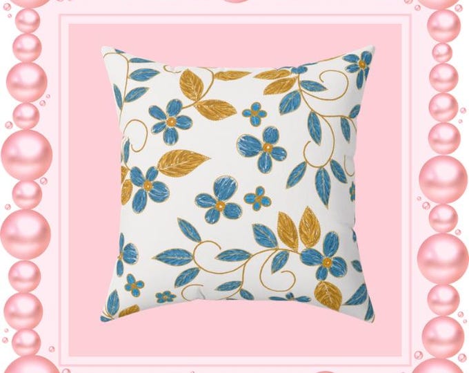 Blue and Gold Floral Pattern Pillow | Decorative Square Throw Pillow