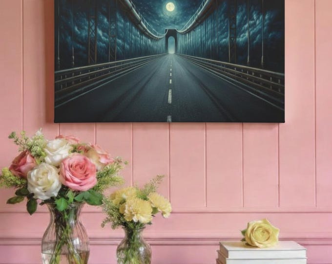 Moonlit Bridge Canvas Art: Mystical Road Home Decor (30x15)