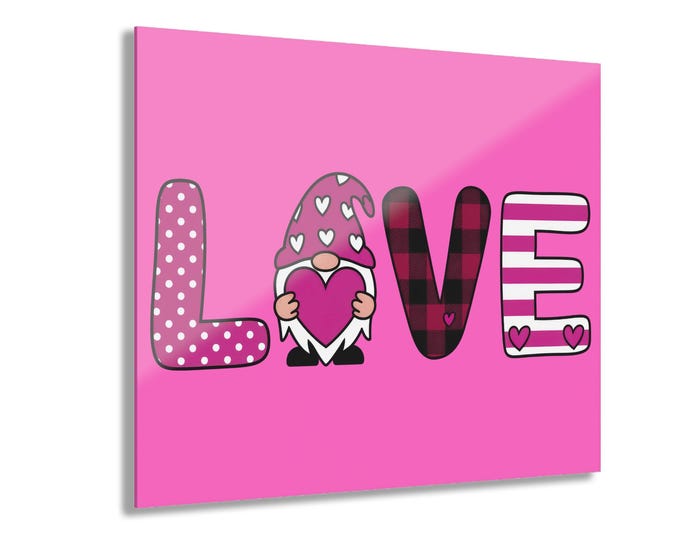 Gnome Kisses & Heart Wishes Acrylic Print | Dark Pink Valentine Gnome LOVE Wall Accent