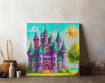 May include: A colorful watercolor painting of a fairytale castle with purple, green, and teal turrets. A smiling sun and a tree with purple flowers are in the background. The artwork is displayed on a white wall.