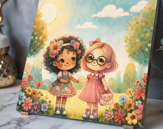 Acrylic  Artwork | Tiny Adventures with Friends, Flowers, Sun | Nursery Wall Art
