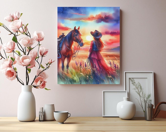 Wildflower Cowgirl & Horse Canvas Art: Western Sunset, Rustic Home Decor