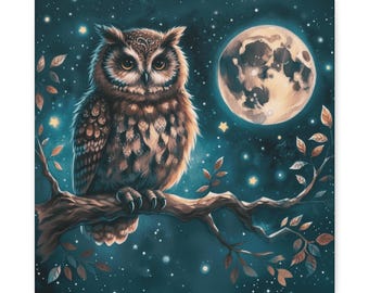 Whimsical Owl Canvas Art: Moonlit Night Scene, Nature Decor (14x14)