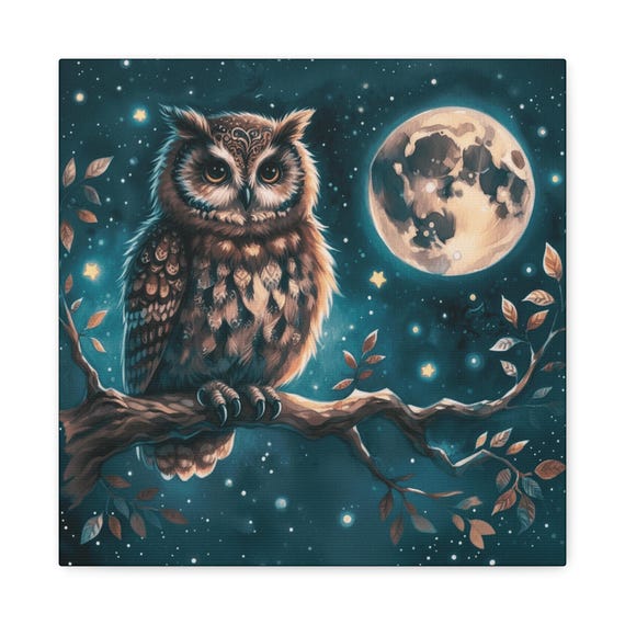 Whimsical Owl Canvas Art: Moonlit Night Scene, Nature Decor (14x14)