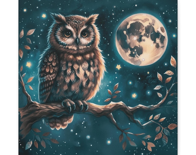 Whimsical Owl Canvas Art: Moonlit Night Scene, Nature Decor (14x14)