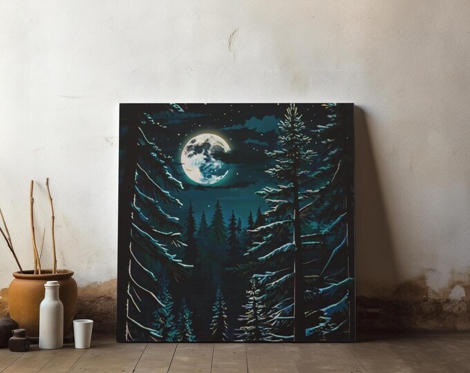 Moonlit Pine Forest Canvas Accent | Matte Stretched Wall Art