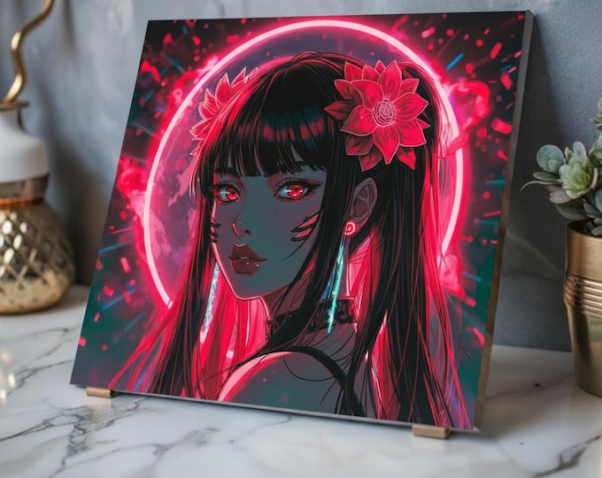 Nightshade Reflections Acrylic Print | Neon Geisha Portrait Wall Accent with French Cleat Hanging