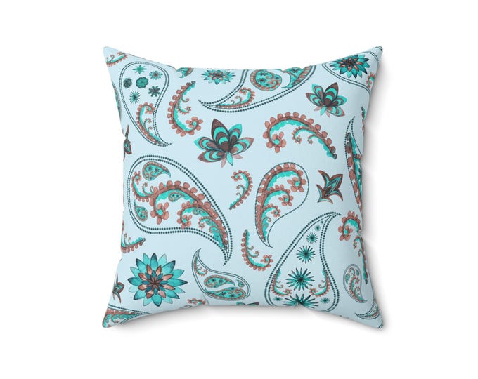 Teal Paisley Pattern Pillow | Square Throw Pillow