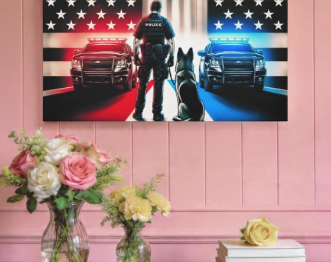 Patriotic Police Dog Canvas Art: Thin Blue Line USA Flag Tribute (30x15)