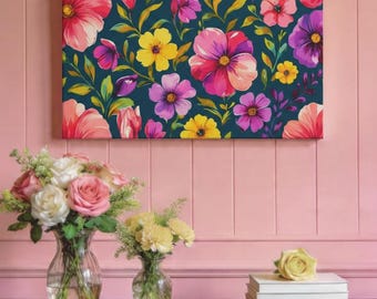 Florale Leinwand Wandkunst: Lebendiger botanischer Wandteppich, Boho Wohndekor (30x15 Leinwand nur)