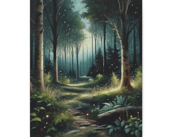 Flickering Wildwood Forest Matte Canvas, Serene Oil Painting Illustration Forest Landscape