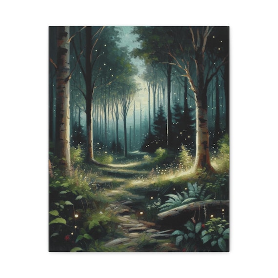 Flickering Wildwood Forest Matte Canvas, Serene Oil Painting Illustration Forest Landscape