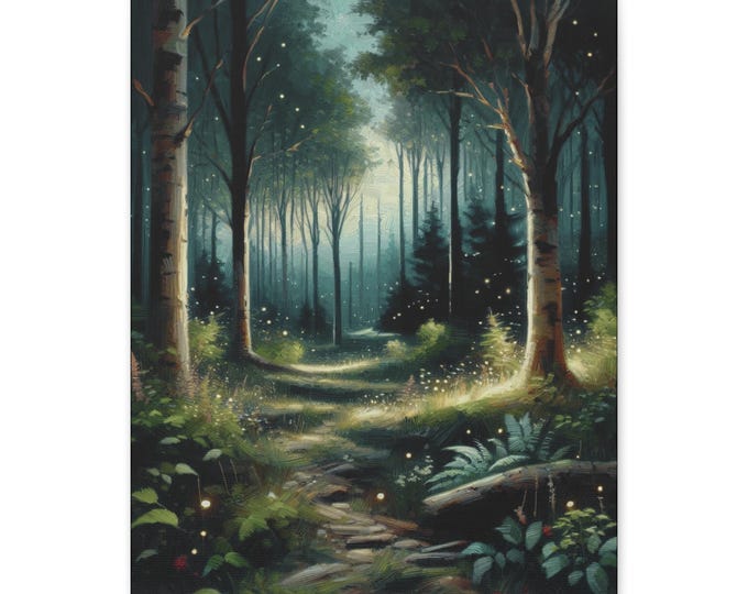 Flickering Wildwood Forest Matte Canvas, Serene Oil Painting Illustration Forest Landscape