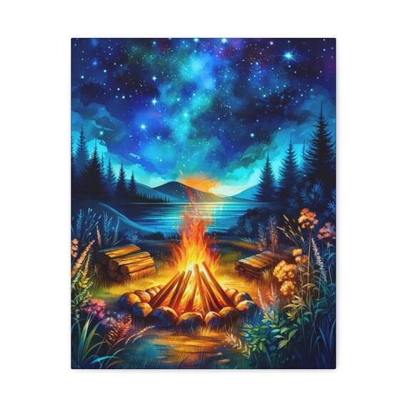Campfire Night Sky Canvas Wall Art: Cozy Nature Decor (16x20 Canvas Only)
