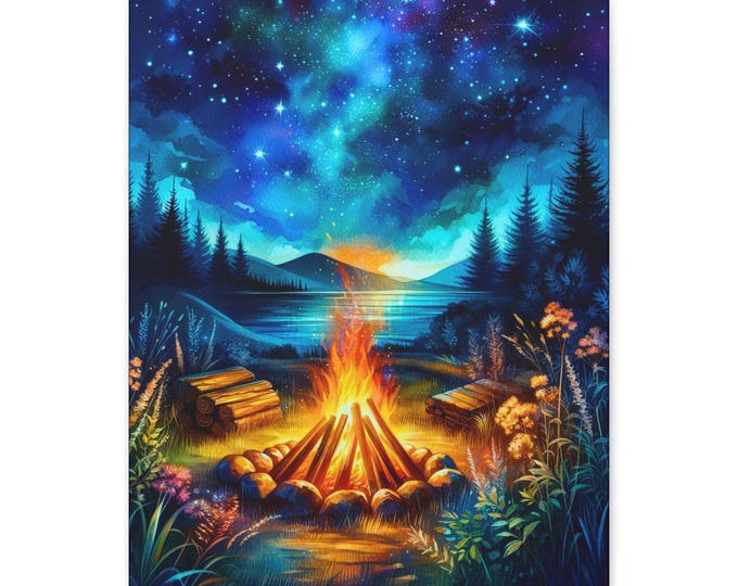 Campfire Night Sky Canvas Wall Art: Cozy Nature Decor (16x20 Canvas Only)
