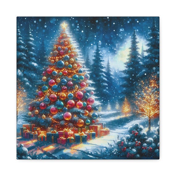 Christmas Tree Canvas Art: Winter Holiday Scene (14x14)