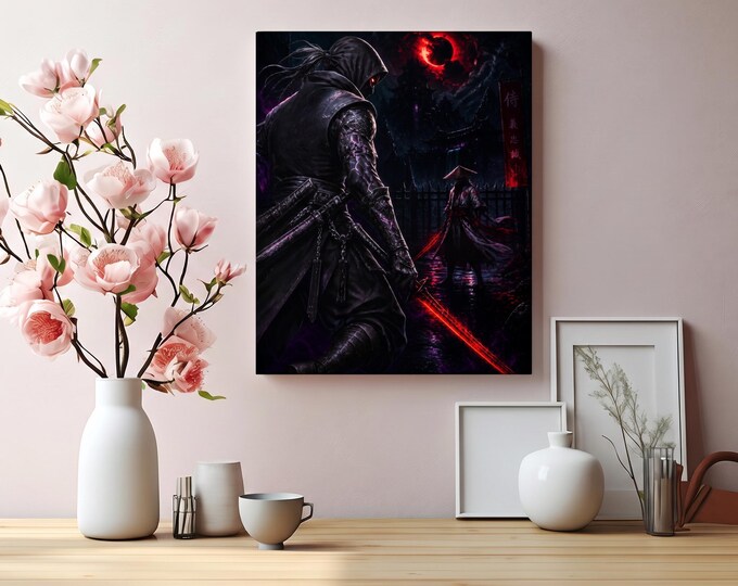 Red Reckoning Requiem Matte Canvas Artwork | Dark Samurai Duel Wall Accent | Gamer Decor